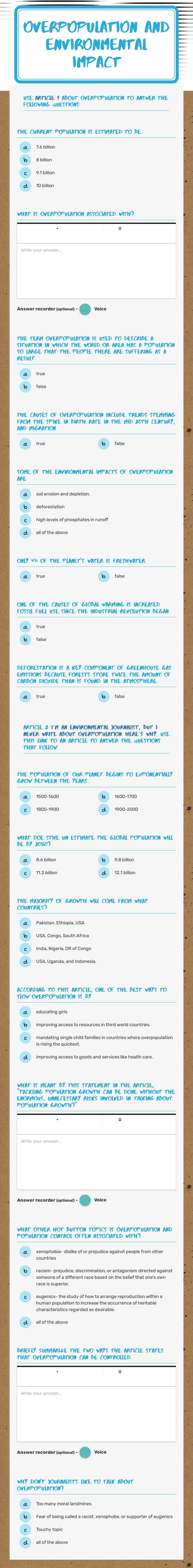 Overpopulation
and Environmental impact Grade 11 worksheet preview
