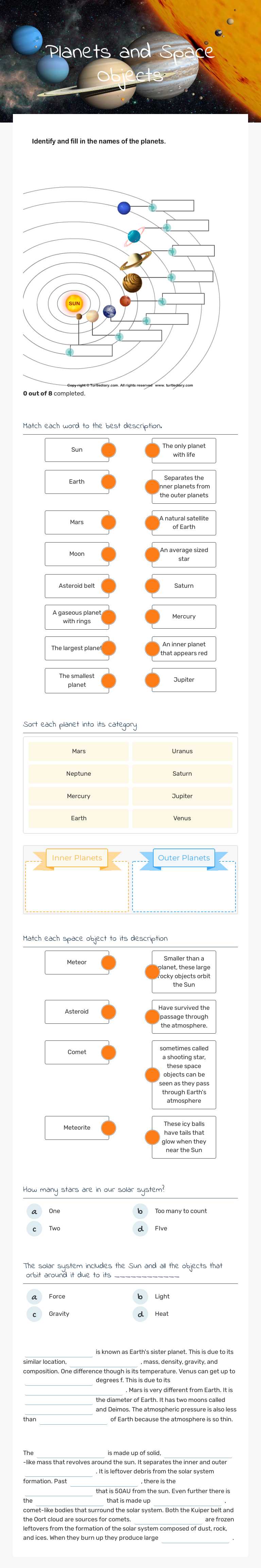 Planets and Space Objects Grade 12 worksheet preview