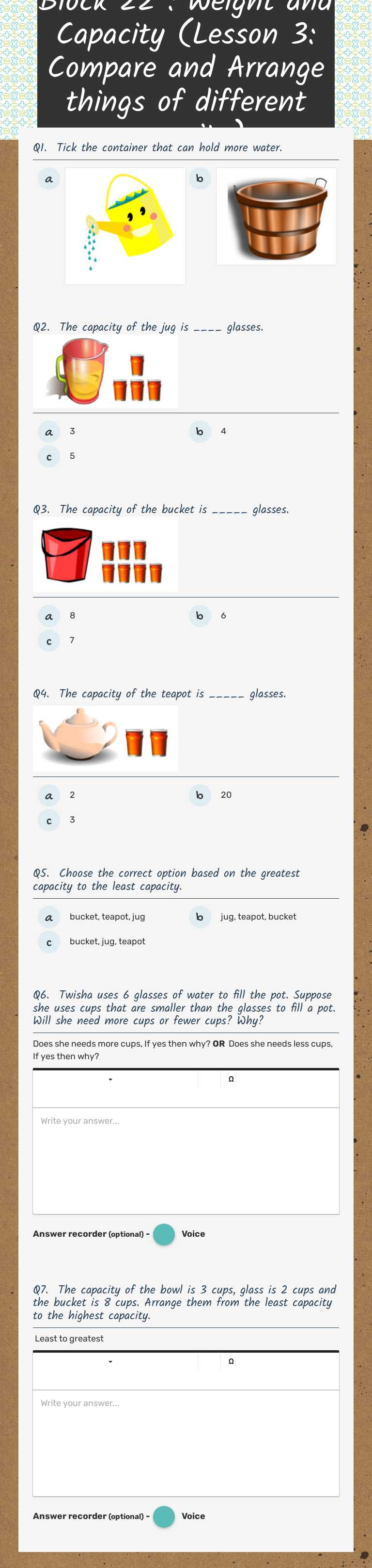 Block 22 : Weight and Capacity (Lesson 3: Compare and Arrange things of different capacity) worksheet preview image