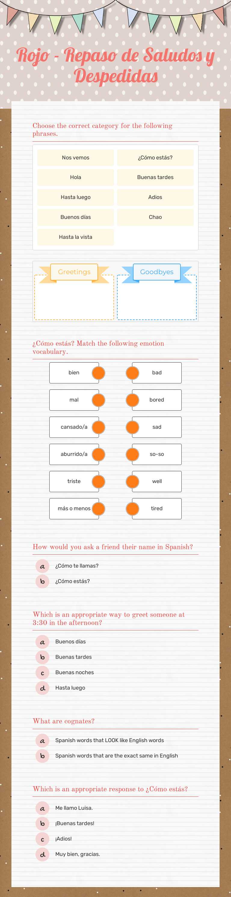 Rojo - Repaso de Saludos y Despedidas Grade 7 worksheet preview