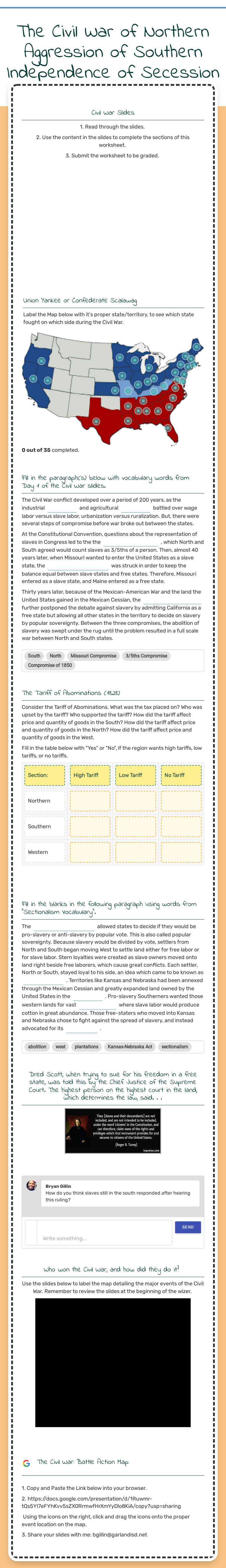 The Civil War of Northern Aggression of Southern Independence of Secession worksheet preview image