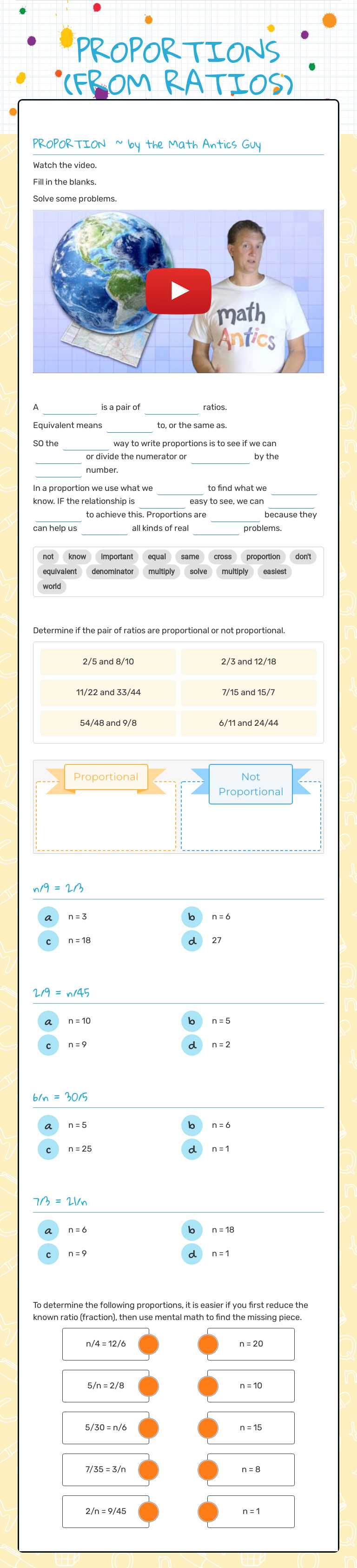 PROPORTIONS (FROM RATIOS) Grade 6 worksheet preview
