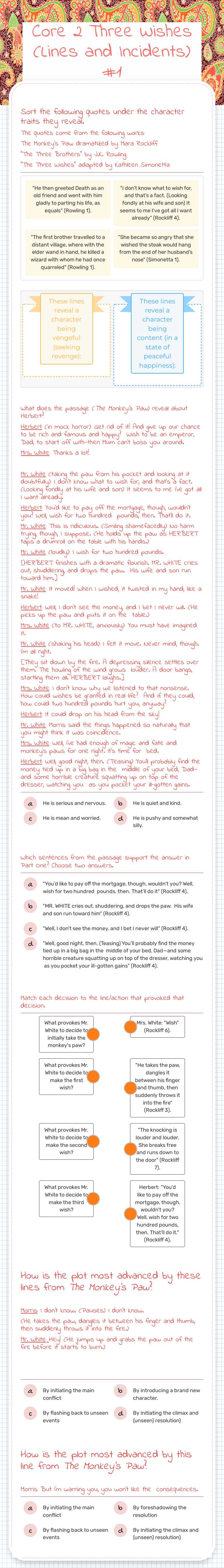 Core 2 Three Wishes (Lines and Incidents) #1 Grade 8 worksheet preview