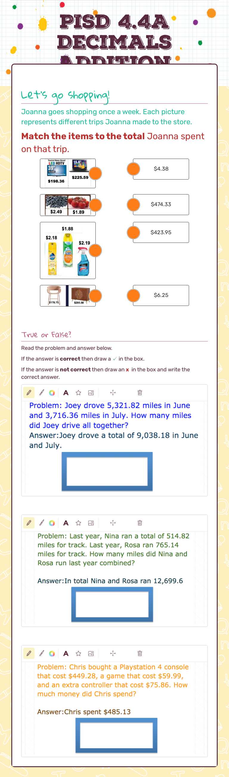 PISD 4.4A Decimals Addition worksheet preview image