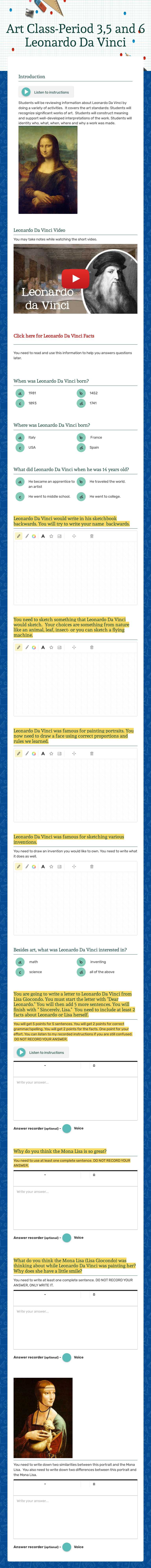 Art Class-Period 3,5 and 6
Leonardo Da Vinci Grade 7 worksheet preview