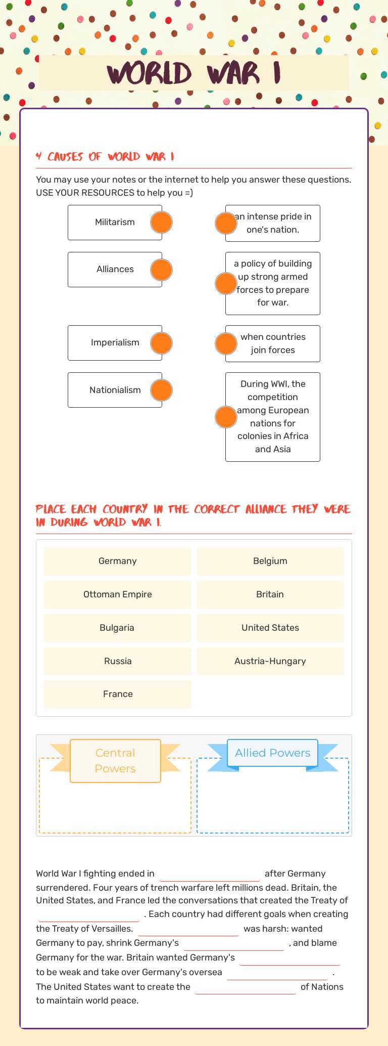 World War I worksheet preview image
