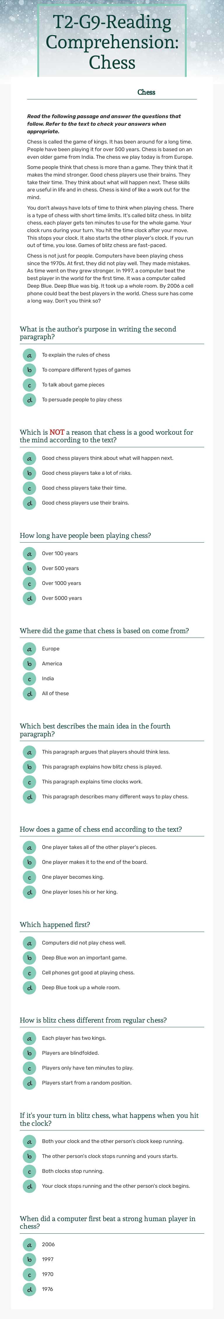 T2-G9-Reading Comprehension: Chess Grade 7 worksheet preview