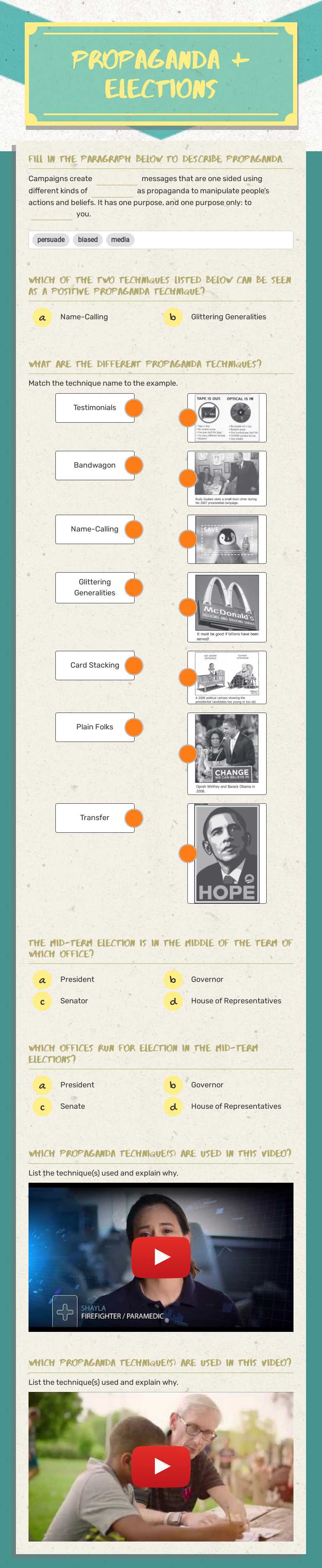 Propaganda + Elections worksheet preview