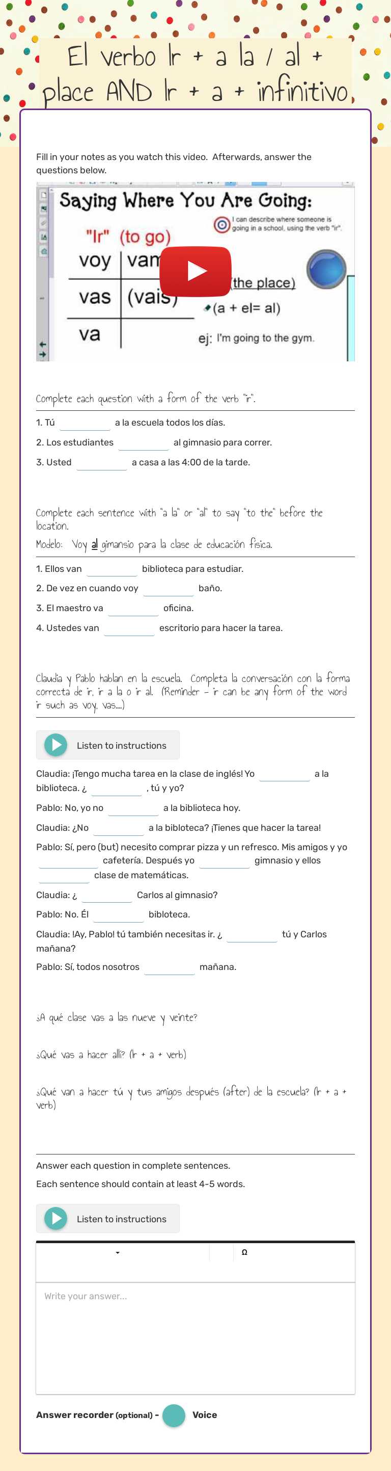 El verbo Ir + a la / al + place         AND           
 Ir + a + infinitivo worksheet preview image