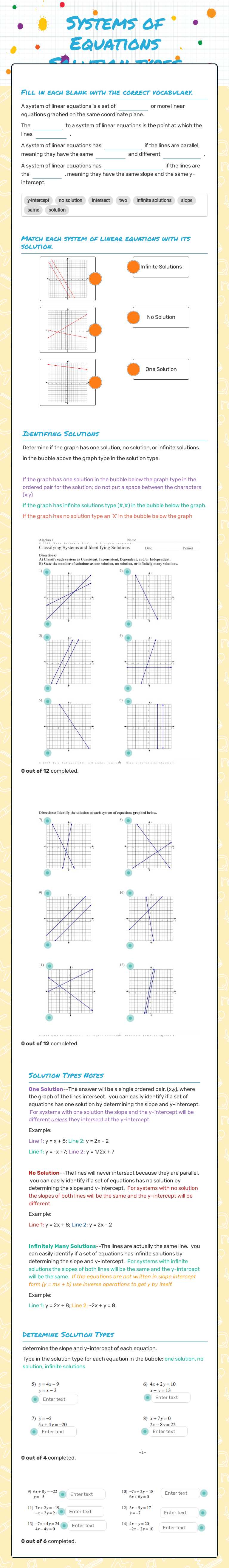 Systems of Equations Solution types worksheet preview image