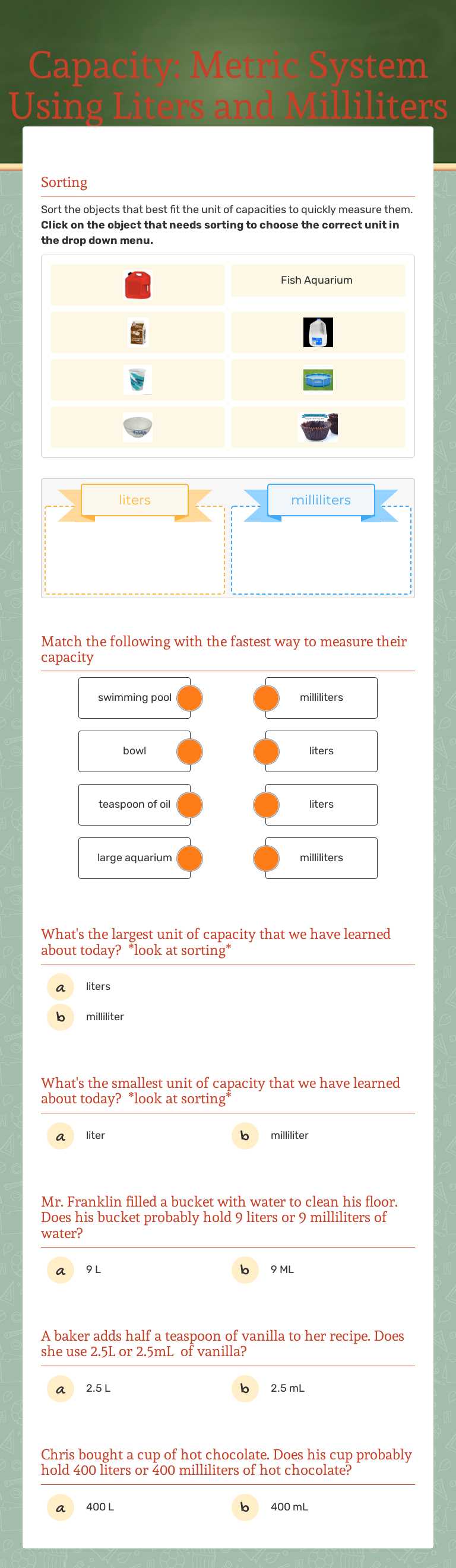 Capacity: Metric System Using Liters and Milliliters worksheet preview image