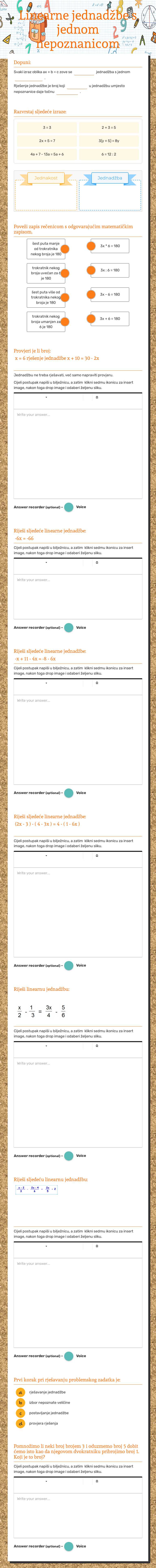 Linearne jednadžbe s jednom nepoznanicom worksheet preview image
