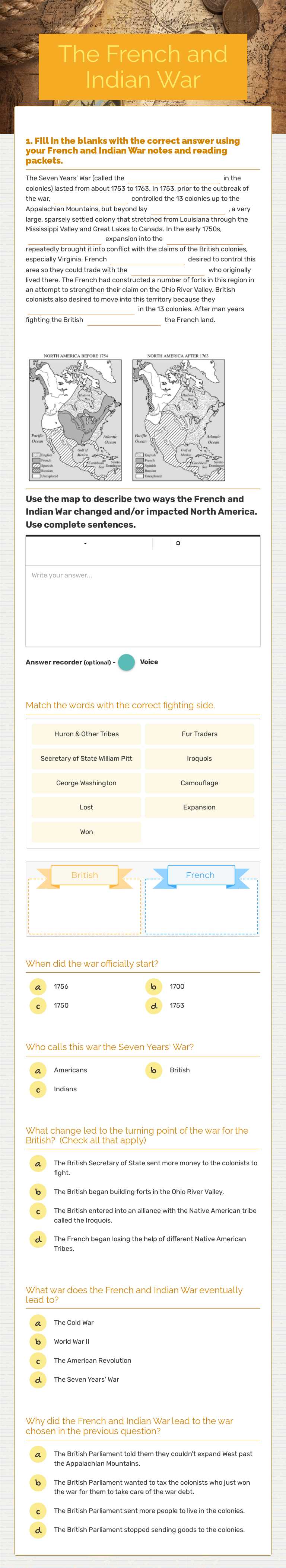 The French and Indian War Grade 11 worksheet preview