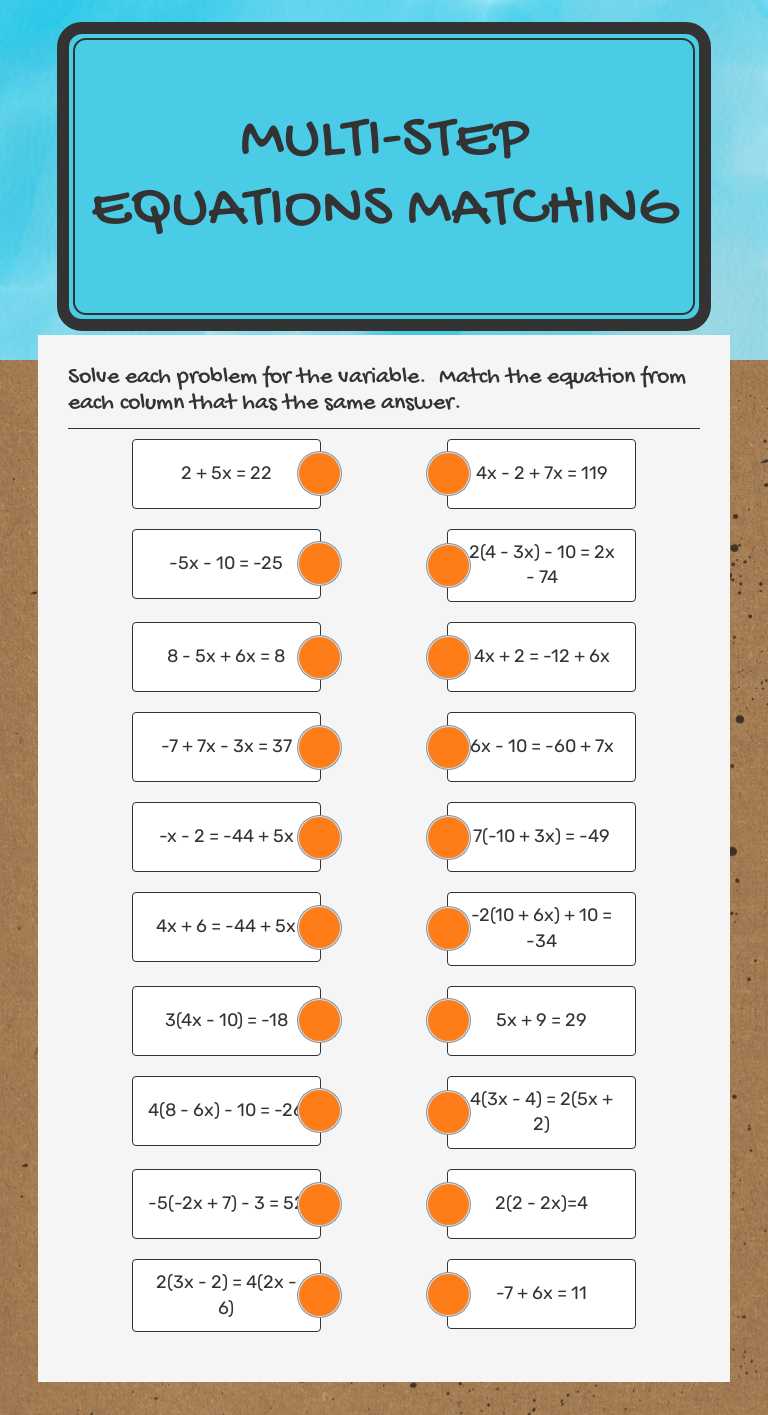 Multi-Step Equations Matching worksheet preview image