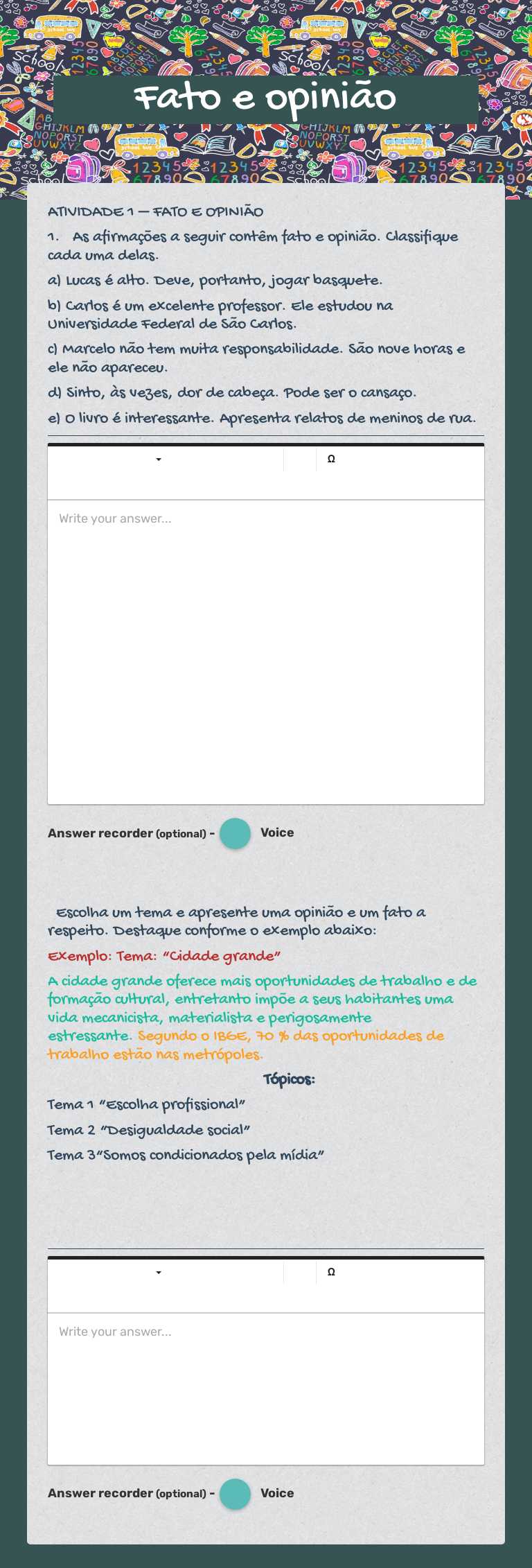 Fato e opinião worksheet preview image