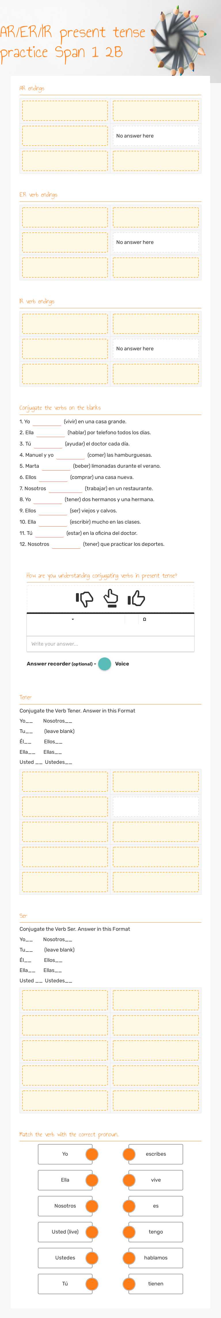 AR/ER/IR present tense practice Span 1 2B worksheet preview image
