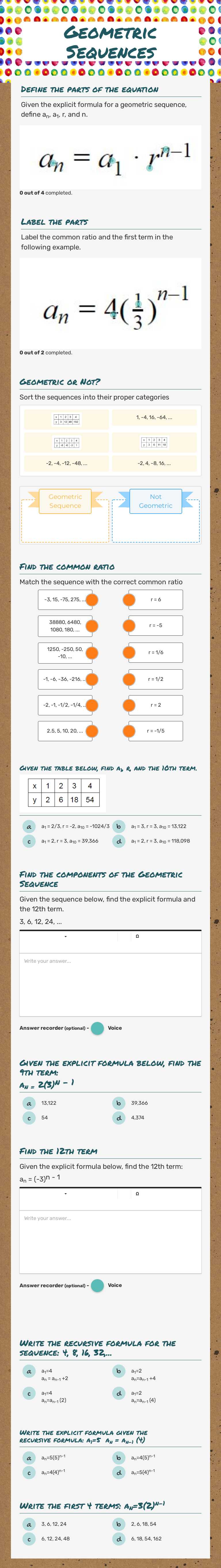 Geometric Sequences worksheet preview image