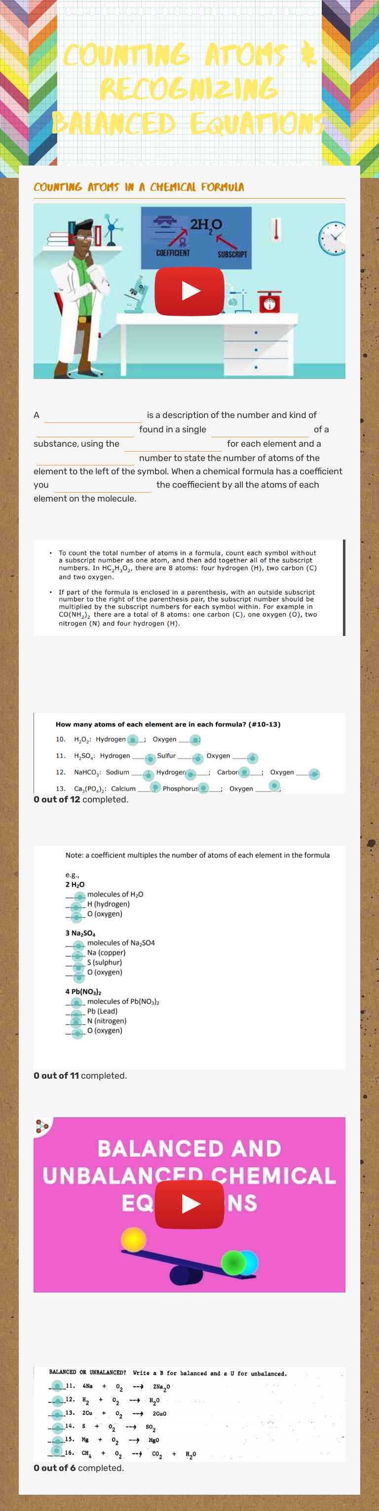 Counting Atoms & Recognizing Balanced Equations worksheet preview image