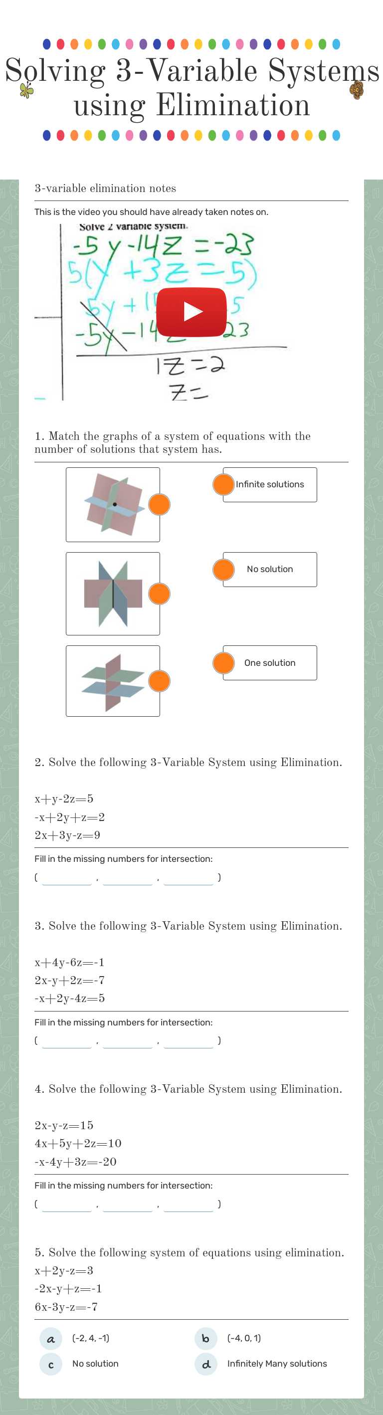 Solving 3-Variable Systems using Elimination Grade 10 worksheet preview