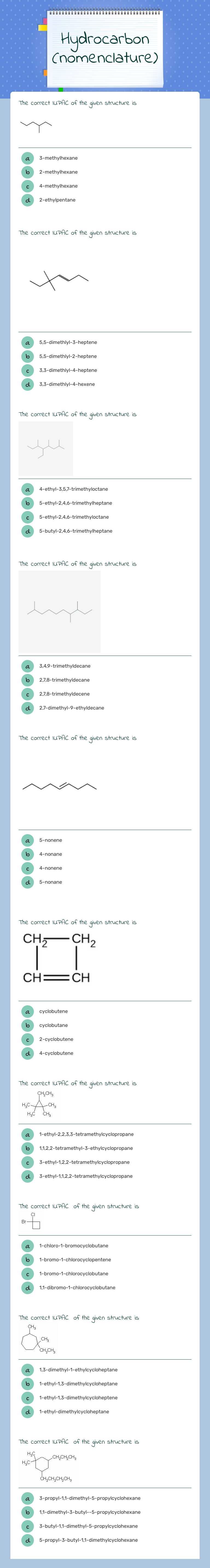 Hydrocarbon (nomenclature) Grade 12 worksheet preview