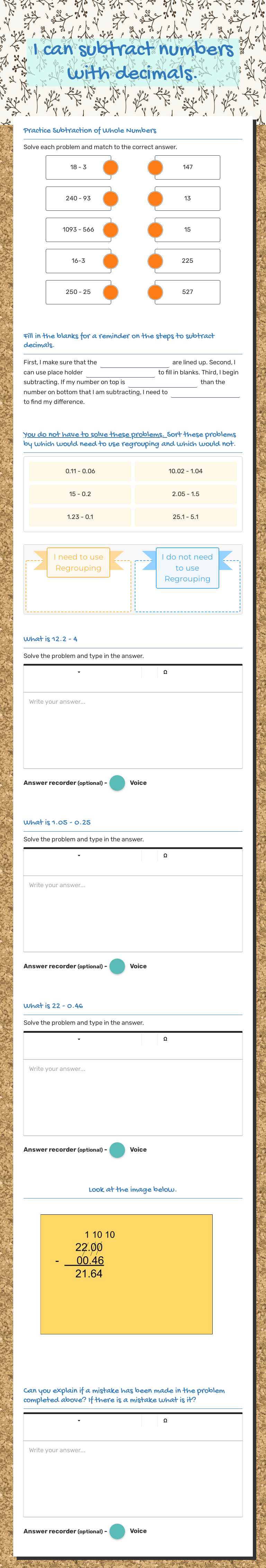 I can subtract numbers with decimals. worksheet preview image