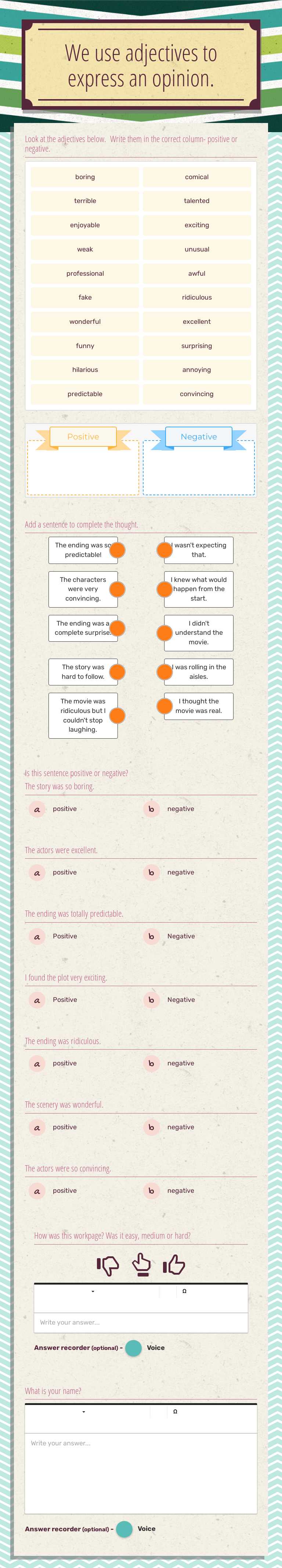 We use adjectives to express an opinion. Grade 8 worksheet preview