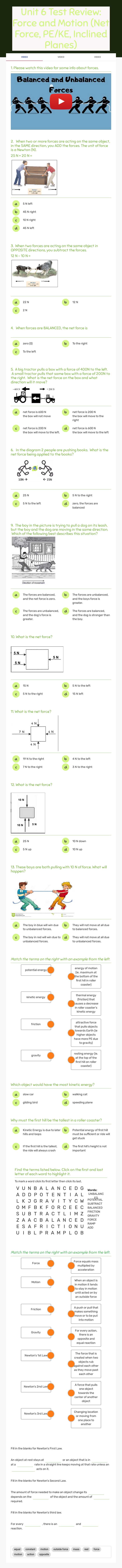 Unit 6 Test Review: Force and Motion          (Net Force, PE/KE, Inclined Planes) worksheet preview image
