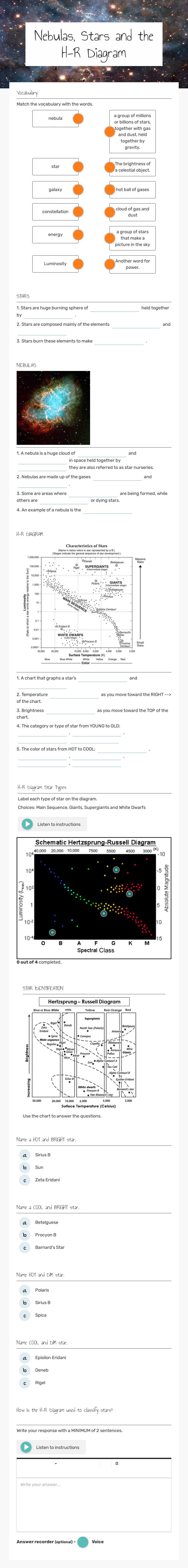 Nebulas, Stars and    the H-R Diagram worksheet preview image