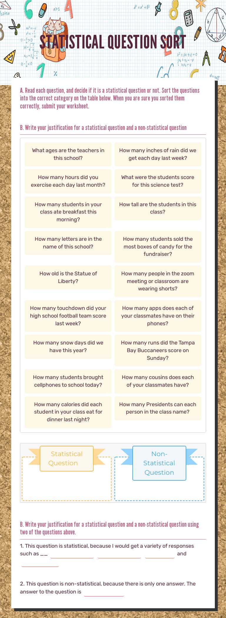 STATISTICAL QUESTION SORT Grade 6 worksheet preview