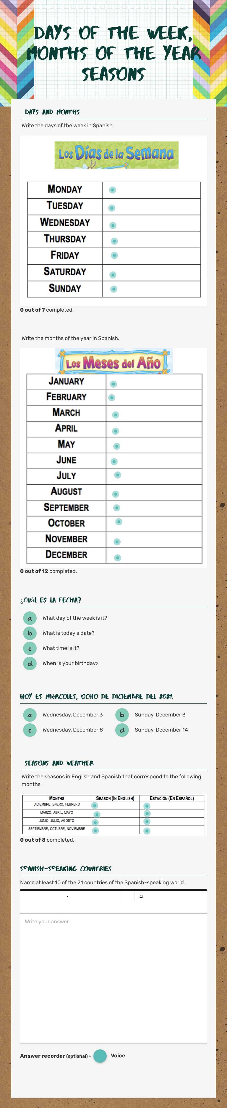 dAYS OF THE WEEK, MONTHS OF THE YEAR SEASONS worksheet preview image