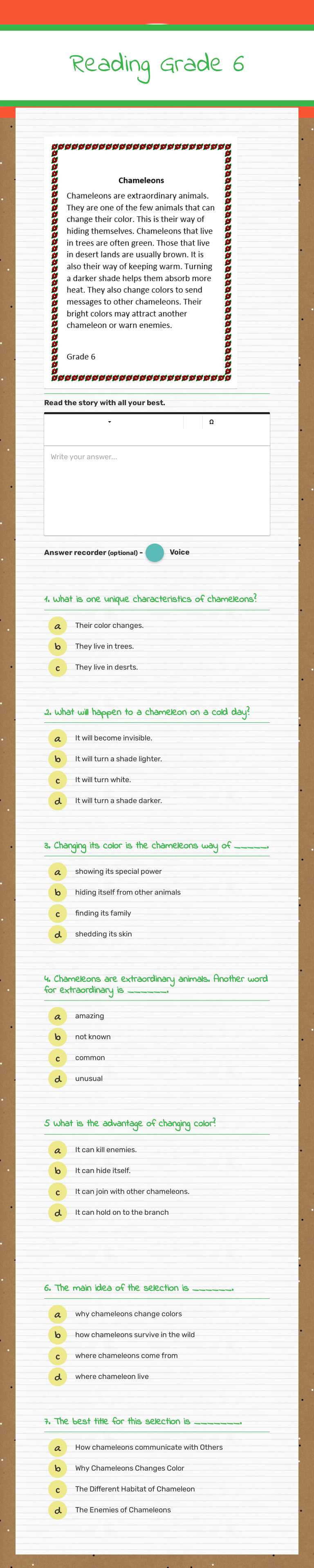 Reading Grade 6 worksheet preview image