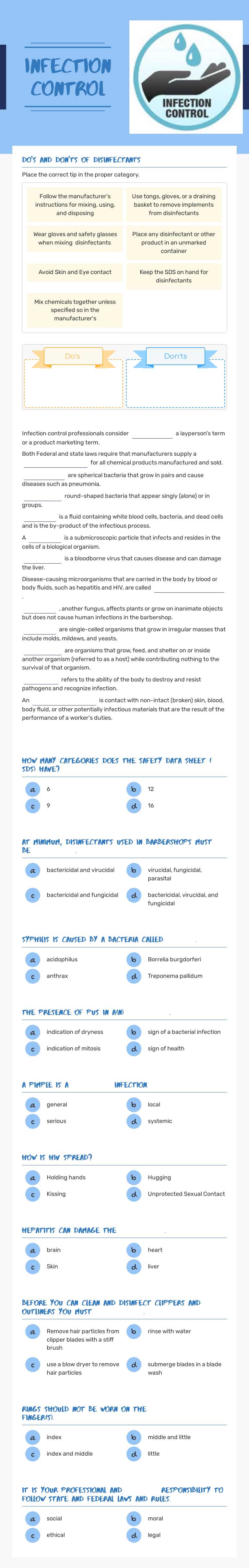Infection Control worksheet preview image