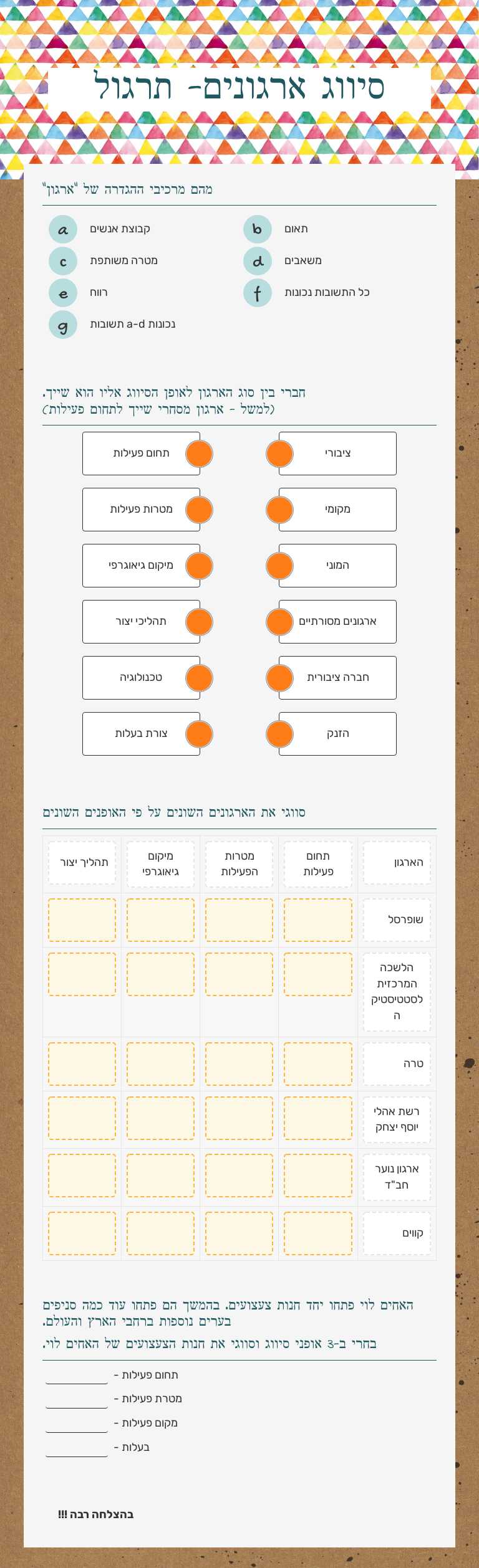 סיווג ארגונים- תרגול worksheet preview image