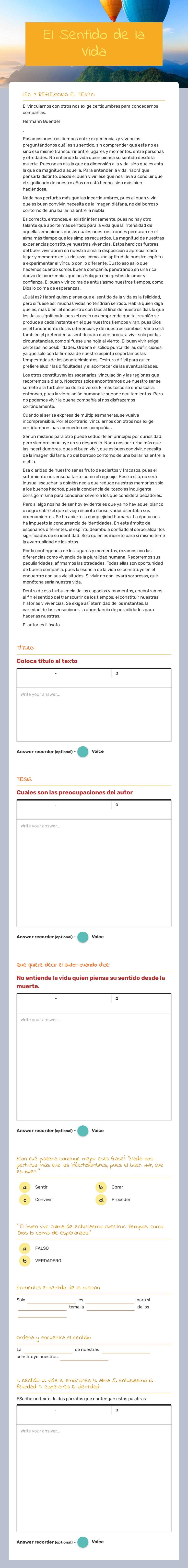 El Sentido de la Vida Grade 11 worksheet preview