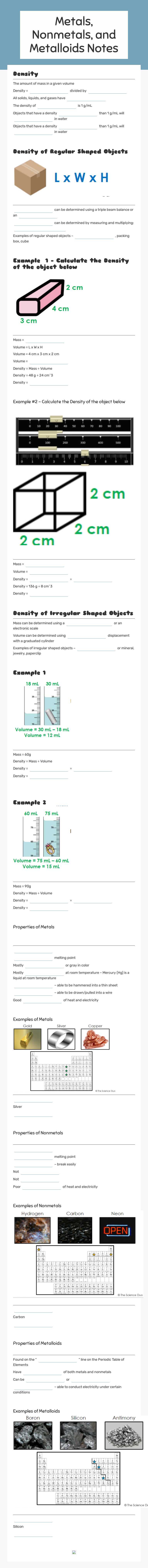Metals, Nonmetals, and Metalloids Notes worksheet preview image