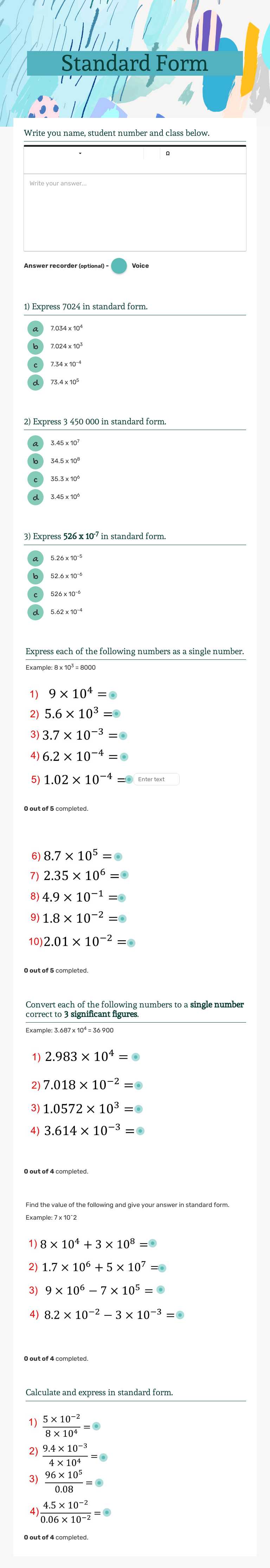 Standard Form worksheet preview image