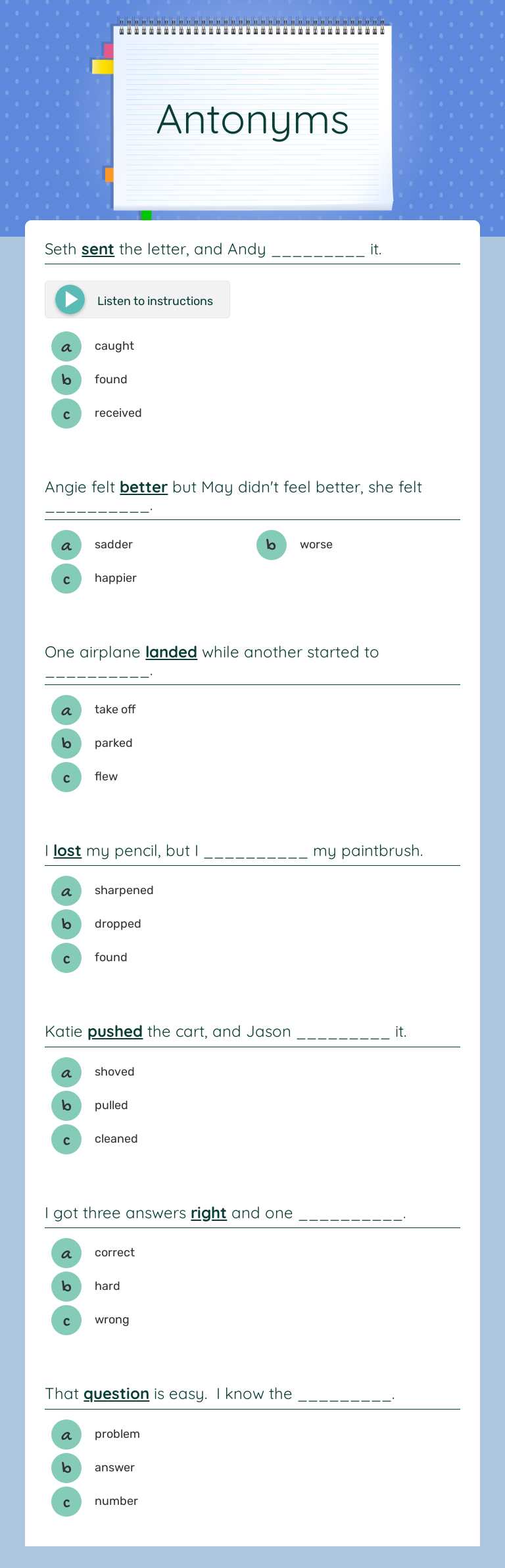 Antonyms worksheet preview image