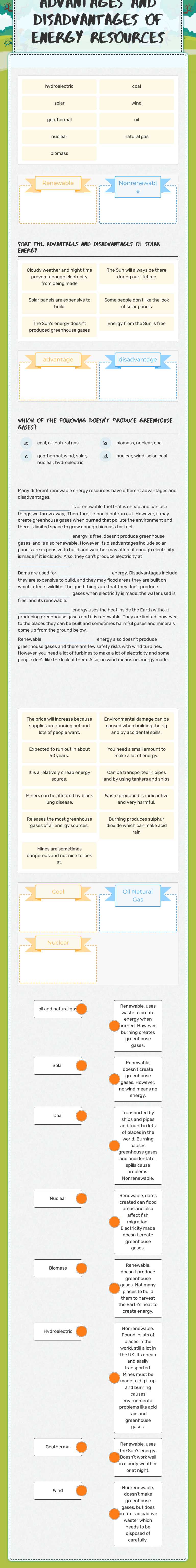 Energy Sources! Advantages and Disadvantages Grade 6 worksheet preview