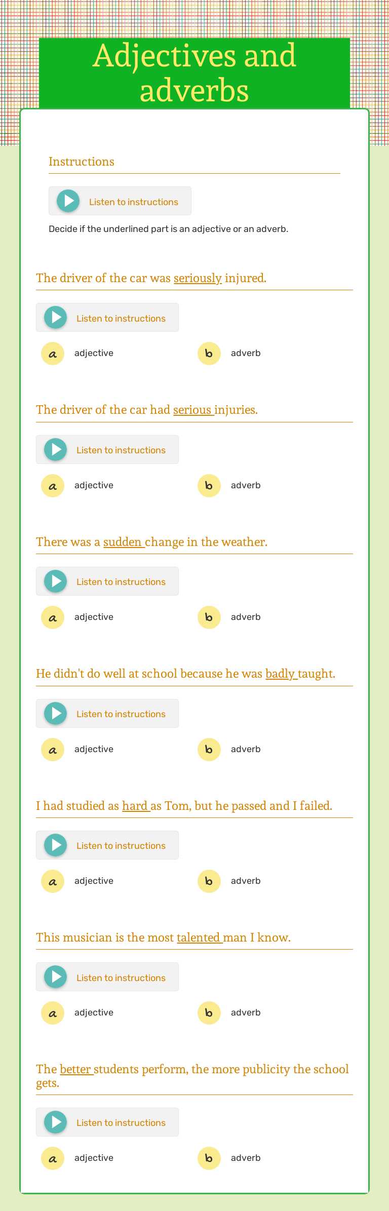 Adjectives and adverbs worksheet preview image