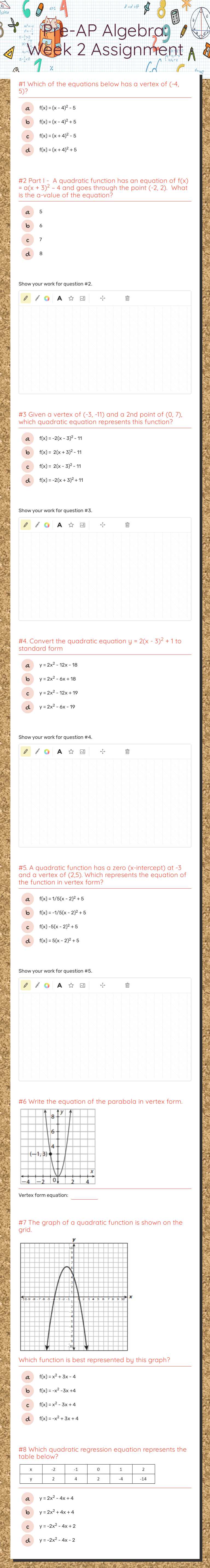 Pre-AP Algebra:                Week 2 Assignment Grade 9 worksheet preview