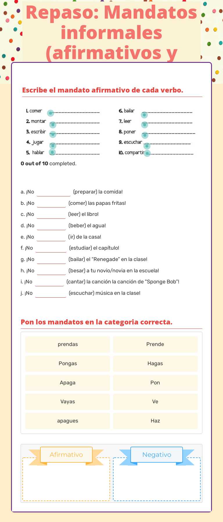 Repaso: Mandatos informales (afirmativos y negativos) worksheet preview image