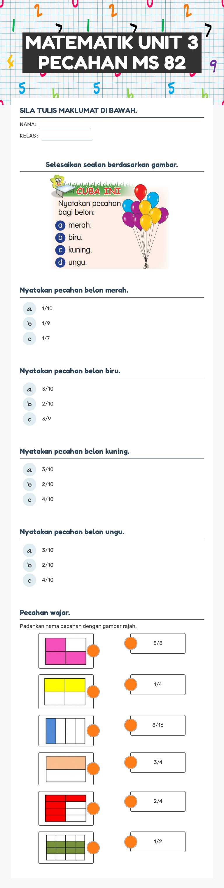 MATEMATIK UNIT 3 PECAHAN MS 82 worksheet preview image