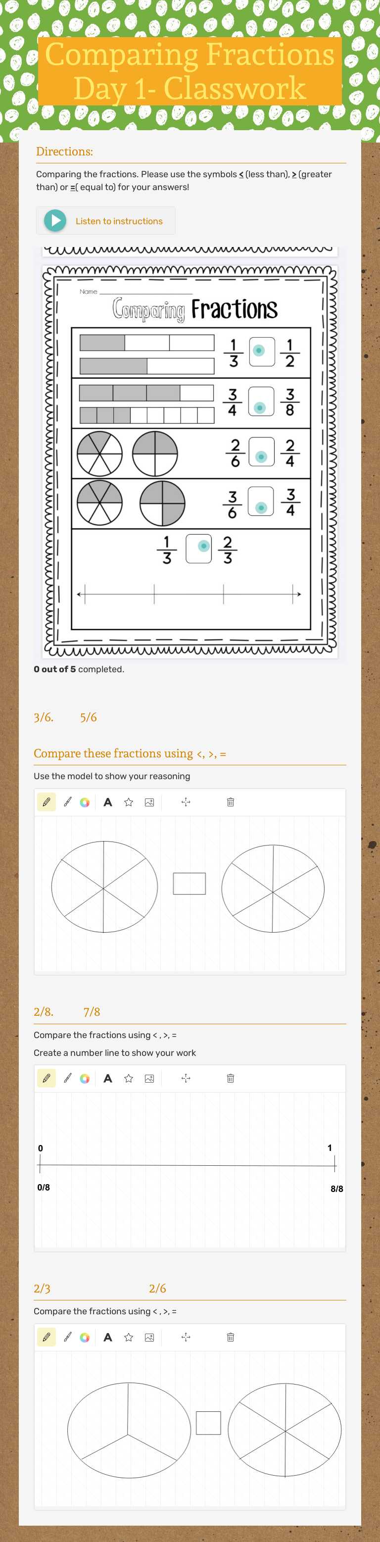 Comparing Fractions Day 1- Classwork worksheet preview image