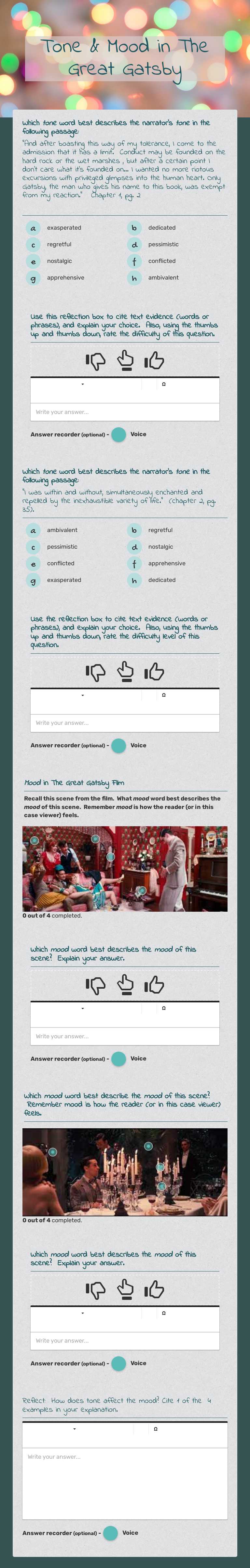 Tone & Mood in       The Great Gatsby worksheet preview image