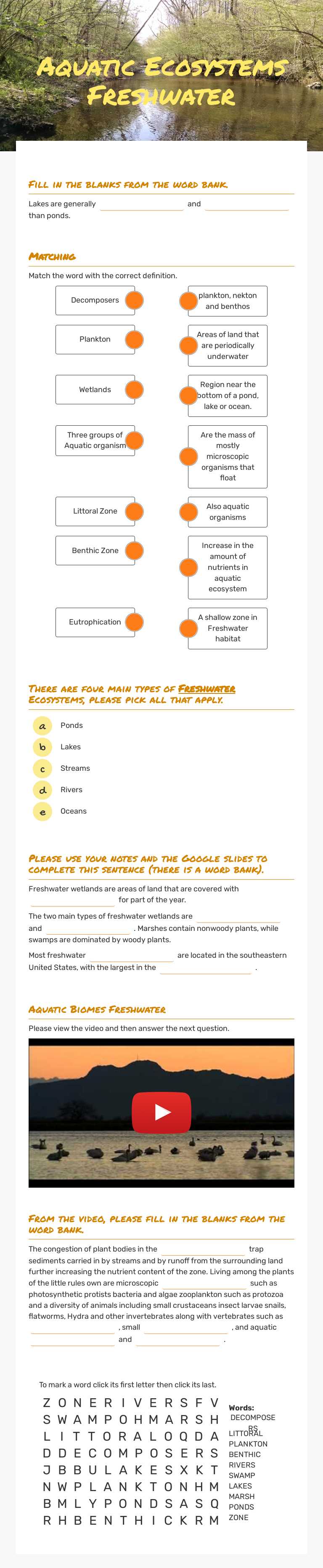 Aquatic Ecosystems Freshwater worksheet preview image