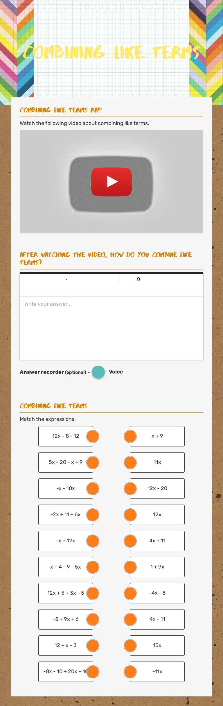 Combining Like Terms Grade 7 worksheet preview