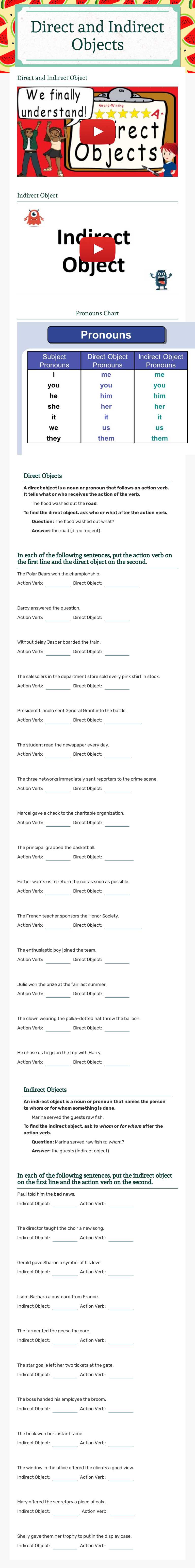 Direct and Indirect Objects worksheet preview image