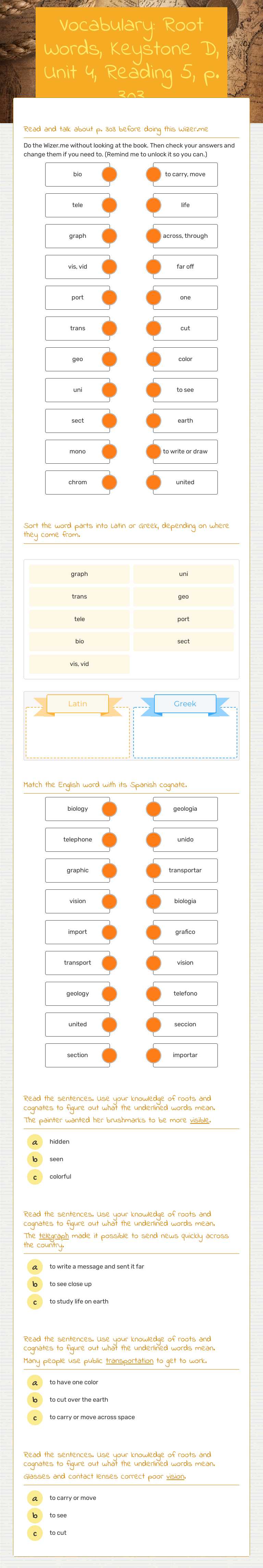 Vocabulary: Root Words, Keystone D, Unit 4, Reading 5, p. 303 Grade 10 worksheet preview