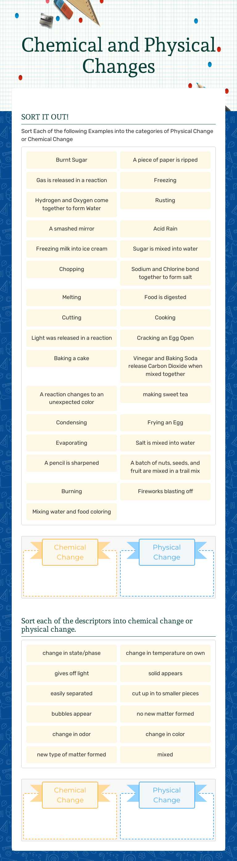 Chemical and Physical Changes worksheet preview image