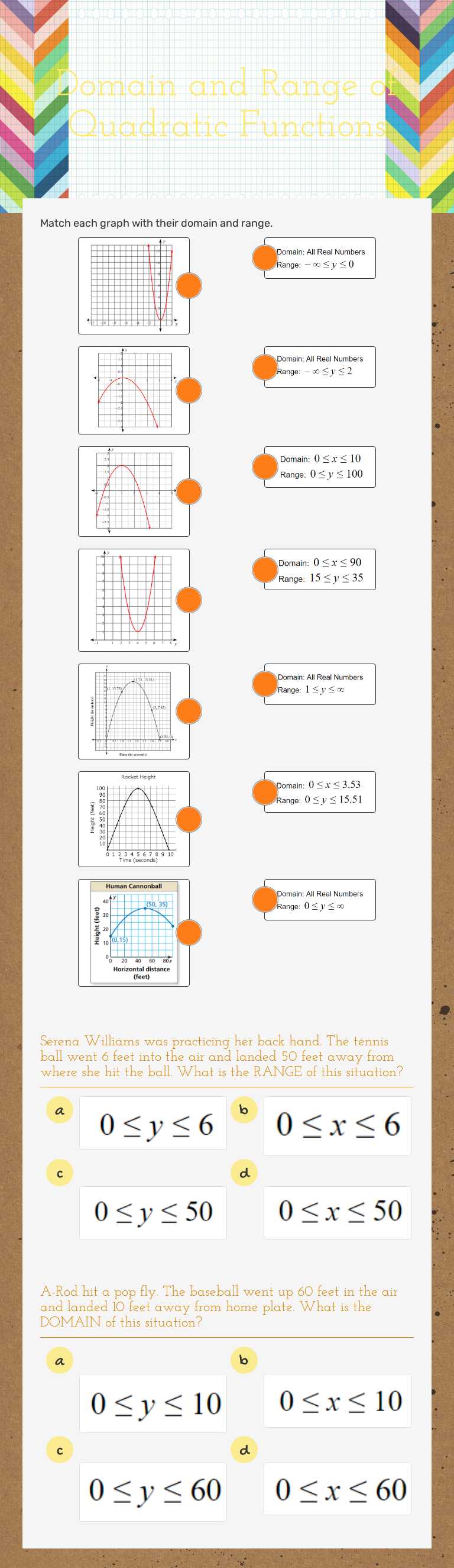 Domain and Range of Quadratic Functions Grade 9 worksheet preview